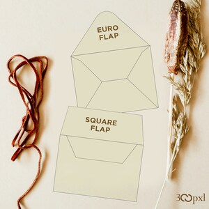 Pode incluir: Diagrama mostrando dois estilos de aba de envelope: "Aba Euro" e "Aba Quadrada".