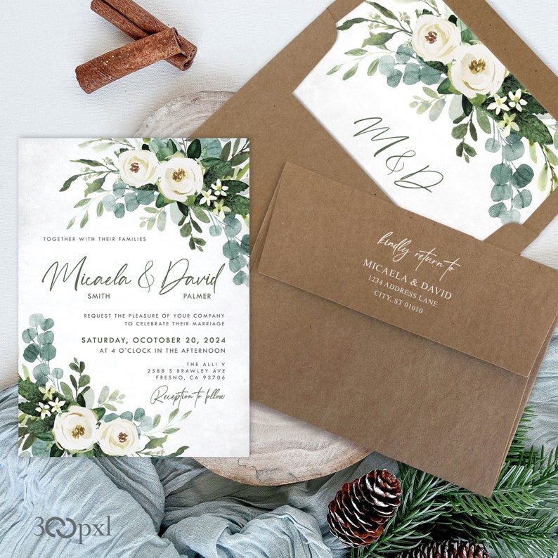 Eucalyptus Champagne Roses Greenery Wedding Invitation with brownkraft envelope, liner and address printing in white ink