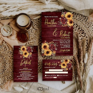 Rustic Fall Wedding Invitation Set, Sunflower & Burgundy Floral Wedding Suite, Wedding Invitation Cards, Autumn Wood grain Wedding Invites