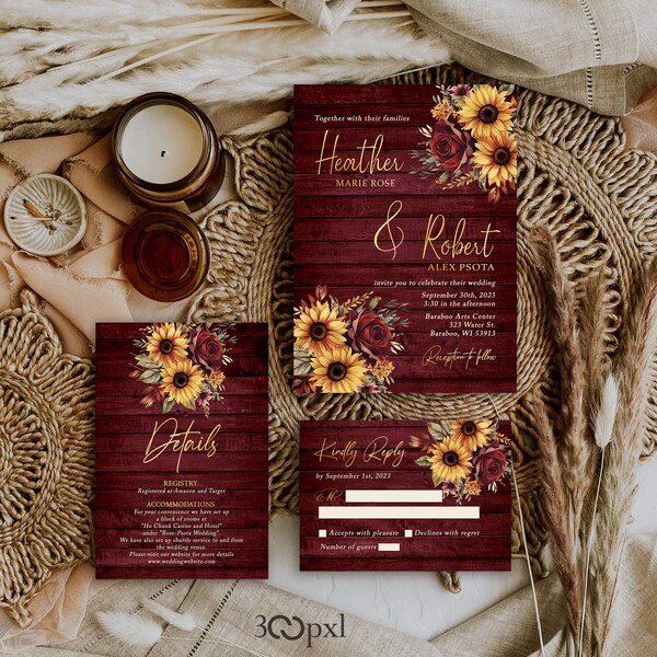 Rustic Sunflower Fall Wedding Invitation Burgundy Roses Greenery Barn Wood Farm Wedding With Monogram and Picture Gold Print