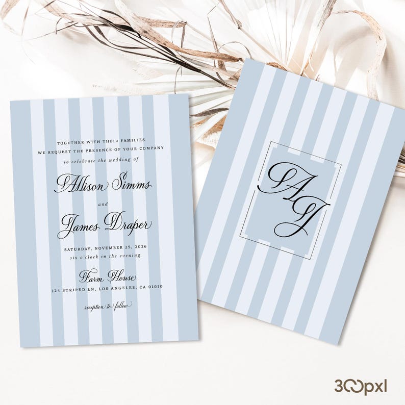 Dusty blue striped invites with matching backside