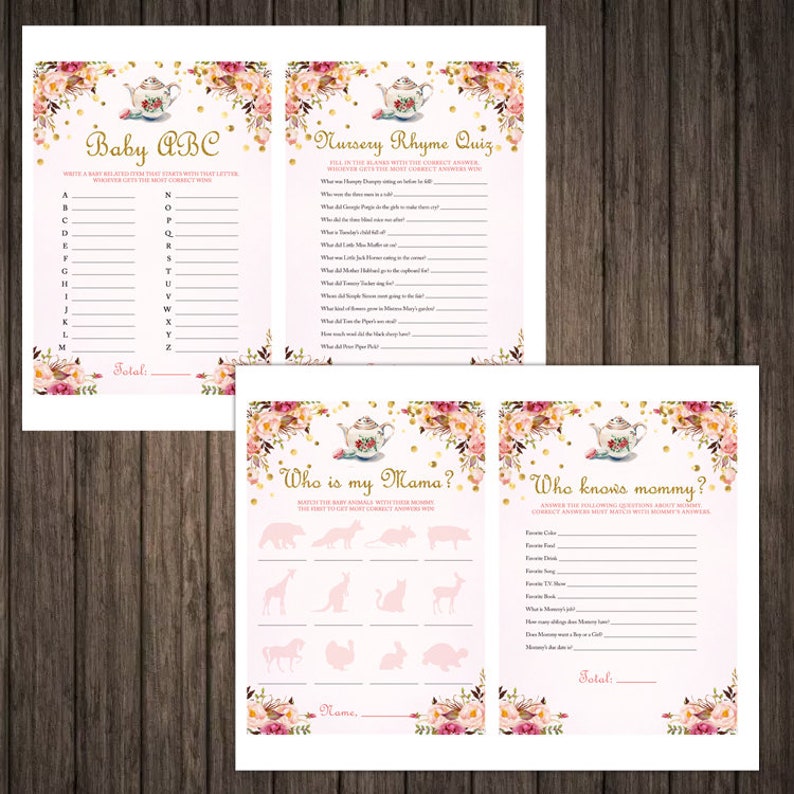 Instant Download Tea Party Baby Shower Games Printable Pack Baby Shower Games Tea Party Baby Shower Games Girl Tea Baby Shower Games Pack