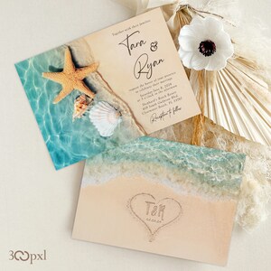 Romantic Beach Wedding Invitation Set Hawaii Shells Sandy Beach Star Fish Tropical Destination Blue Water Shimmery Teal Turquoise Waters image 2