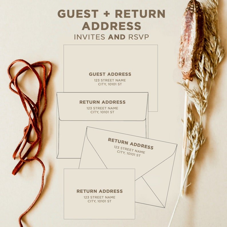May include: A printable template for guest and return address labels. The template includes four address labels with the text "GUEST ADDRESS", "RETURN ADDRESS", and "123 STREET NAME CITY, 10101 ST".