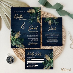 Moody Tropical Wedding Invitation, Dark Greenery & Gold Palm Leaves Wedding Invitation,Emerald Destination Wedding Suite, Customizable Canva