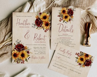 May include: Wedding invitation suite with a rustic, fall theme. The invitation features sunflowers and burgundy roses with a cream background. The text reads "Heather & Robert" with the wedding date and location. The details card includes information about the registry, accommodations, and RSVP details.