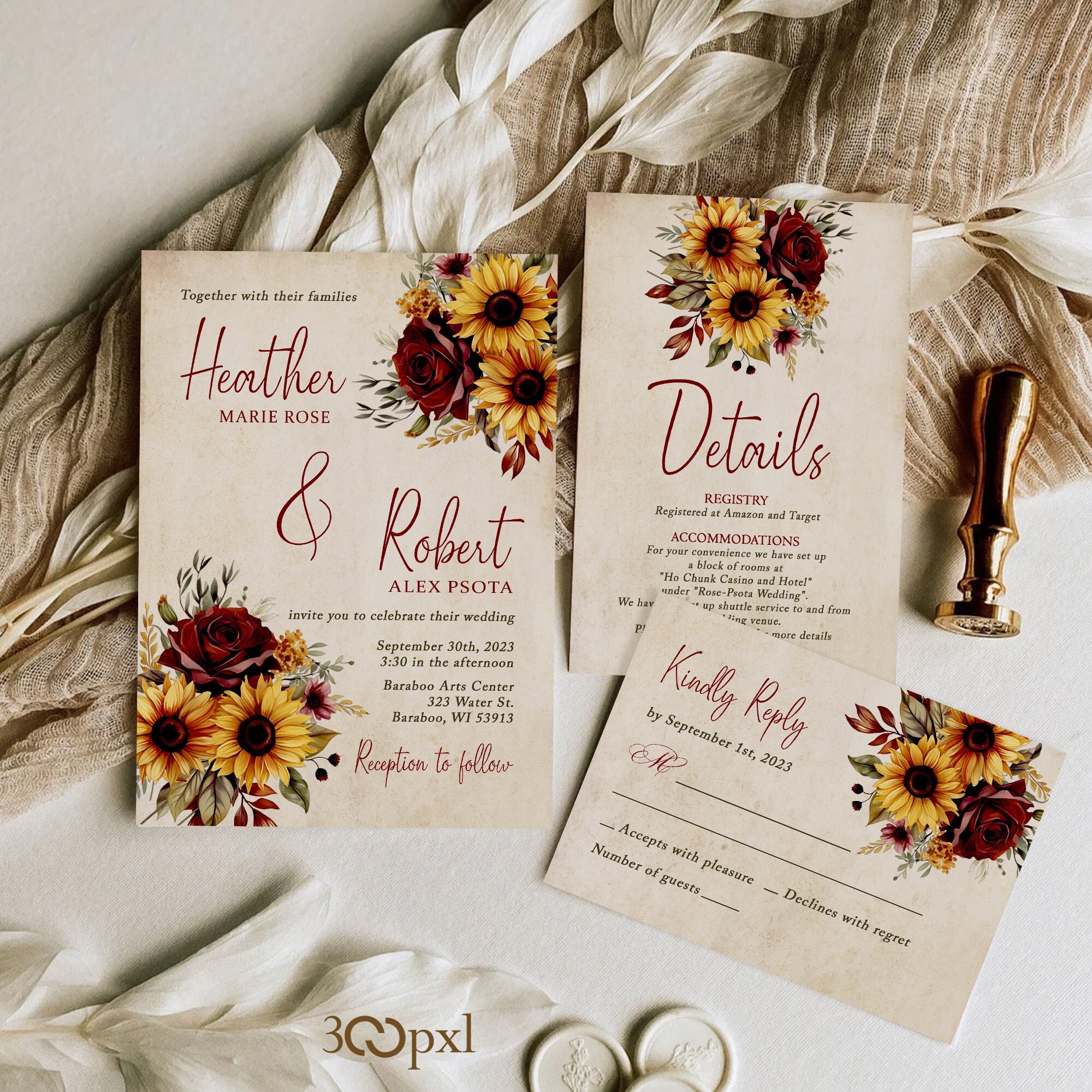 Sunflower Burgundy Rustic Wedding Invitation Set - Etsy, image size:2000x2000