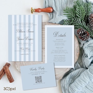 Light Dusty Blue Striped Wedding Invitation Set