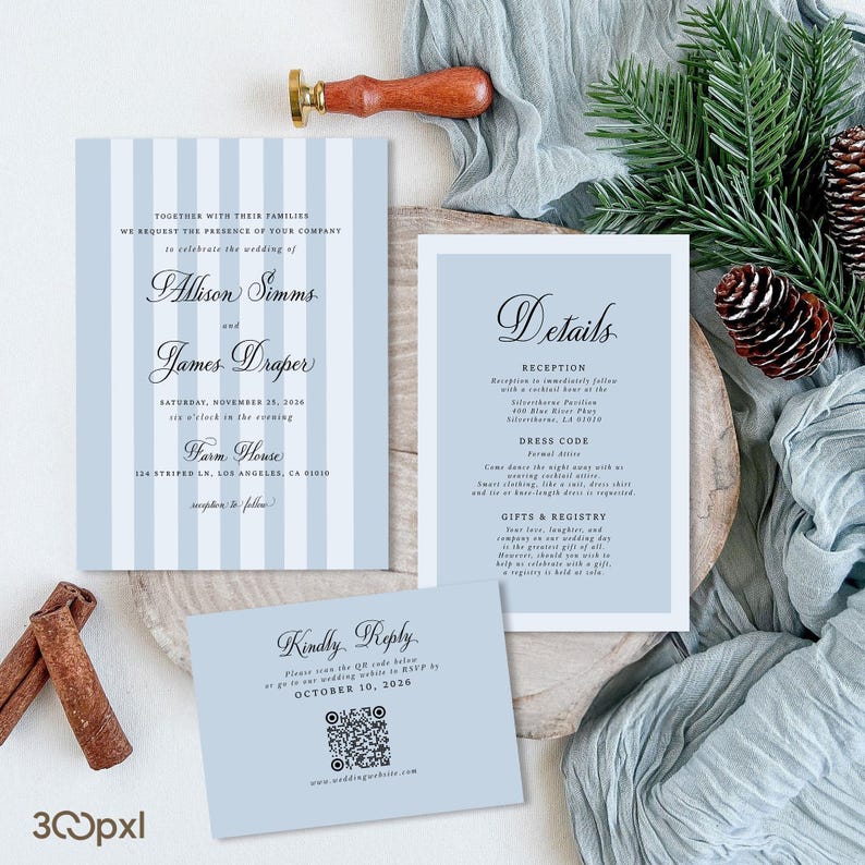 Light Dusty Blue Striped Wedding Invitation Set