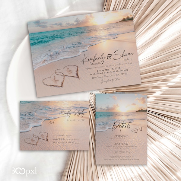 Beach Wedding Invitation Set Destination Hawaii Mexico Bahamas Jamaica Tropical Wedding Sunset Sandy Beach Themed Hearts Blue Teal Water