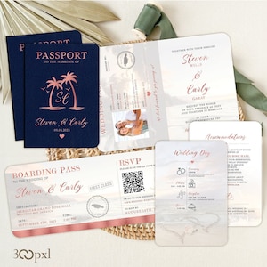 Rose Gold Beach Passport Wedding Invitation: Destination Travel Invite