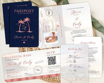 Rose Gold Beach Passport Wedding Invitation: Destination Travel Invite