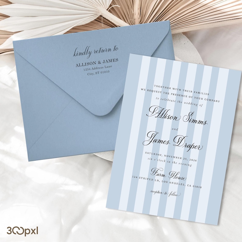 Dusry Blue Striped Invite with Dusty Blue envelope