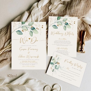 Sage Green Eucalyptus Wedding Invitation, Elegant Ivory & Gold Wedding Invite, Personalized Wedding Card, Minimalist Botanical Wedding Set