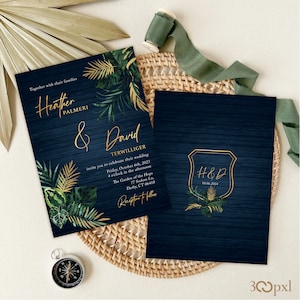 Moody tropical wedding invitation with matching backside
