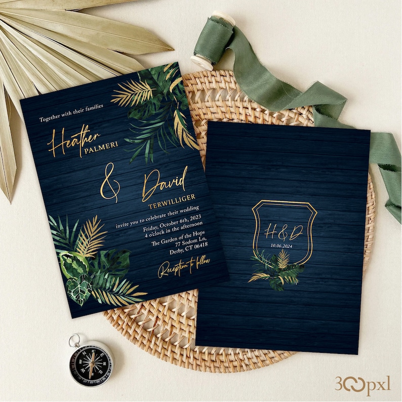 Moody tropical wedding invitation with matching backside