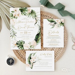 Tropical Wedding Invitation, Pine Trees Invite, Anthurium Greenery Gold Wedding Invite, Destination Wedding, Island Wedding Invitation