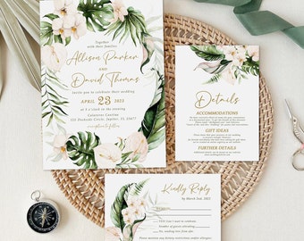 Tropical Wedding Invitation Suite, Anthurium Orchid Palm Leaf, Destination Beach Invite