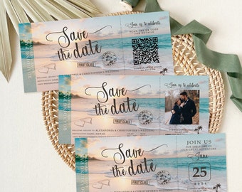Beach Wedding Boarding Pass Save The Date: QR Code Invite