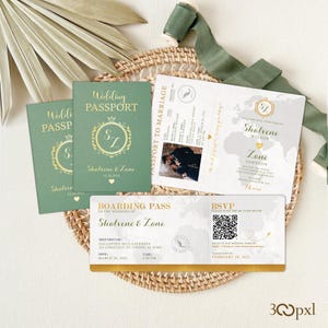 Sage Green Passport Wedding Invitation: Travel Theme Boarding Pass RSVP