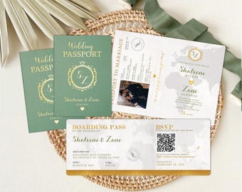 Sage Green Passport Wedding Invitation: Travel Theme Boarding Pass RSVP