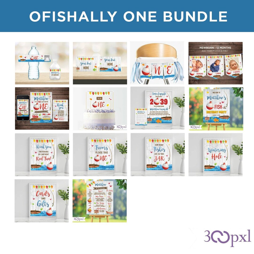 Editable Ofishally One Birthday Bundle Reeling in the Big One Boy 1st ...