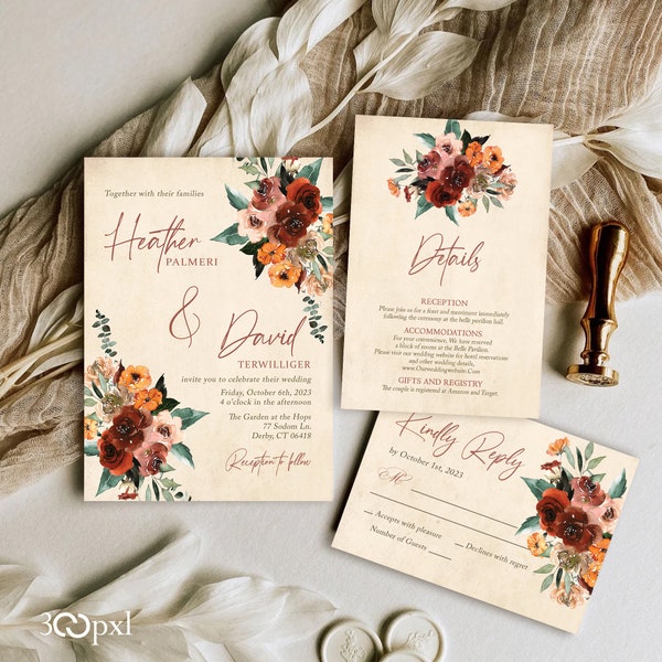 Fall Terracotta Earth Tones Wedding Invitation Set Burgundy Burnt Orange Cinnamon Roses Brown Rust Autumn Wedding With RSVP