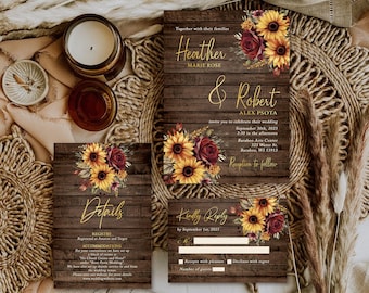 Sunflower Wedding Invitations, Burgundy and Gold Floral Theme, Rustic Barn Wedding Invitation Set