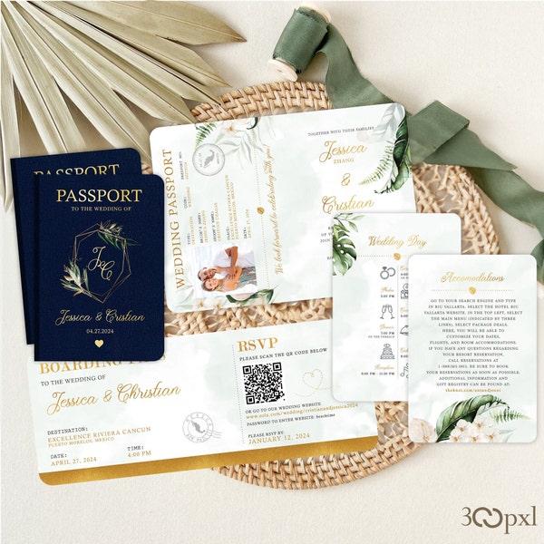 Tropical Passport Wedding Invitation Destination Beach Wedding Mexico, Hawaii, Jamaica, Bahamas, Puerto Rico Wedding Palm Leaves Floral