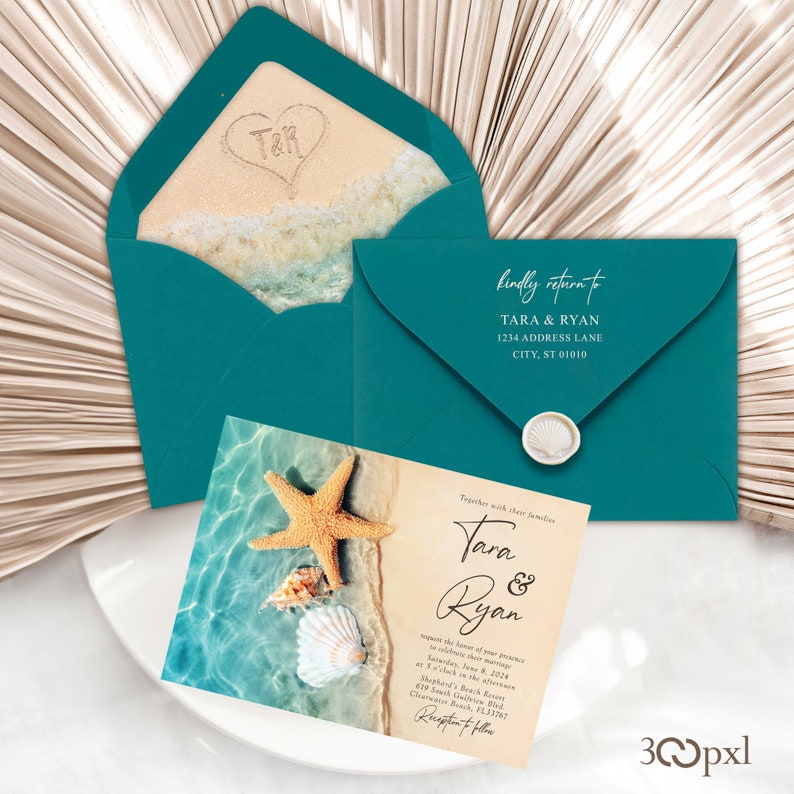 Romantic Beach Wedding Invitation Set Hawaii Shells Sandy Beach Star Fish Tropical Destination Blue Water Shimmery Teal Turquoise Waters image 3