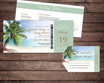 Boarding Pass Wedding invitation, Destination Travel Wedding, Palm Tree Beach Wedding, Boarding Pass Invitation with Tag, Gold, Sage Green