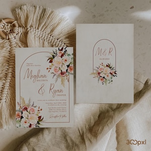 A terracotta boho wedding invitation with matching backside