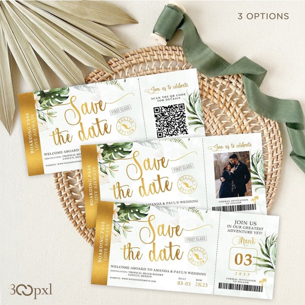 Tropical Wedding Boarding Pass Save The Date Destination Wedding Photo Save The Date Travel Wedding Beach Theme Boarding Pass QR Code