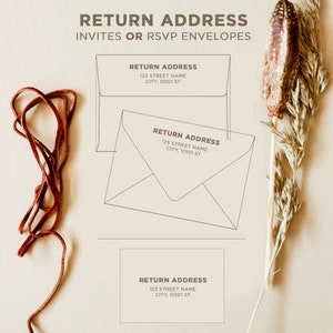 May include: Three different sized return address labels with the text "RETURN ADDRESS" and the address "123 STREET NAME CITY, 10101 ST". The labels are on a beige background with a dried flower stem.