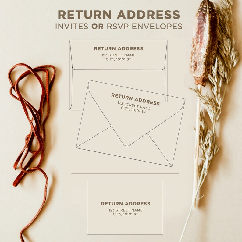 May include: Three different sized return address labels with the text "RETURN ADDRESS" and the address "123 STREET NAME CITY, 10101 ST". The labels are on a beige background with a dried flower stem.