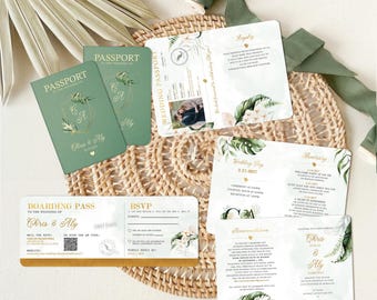 Sage Green Tropical Passport Wedding Invitation| Palm Leaf Destination Wedding Invite