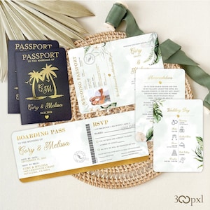 Tropical Passport Wedding Invitation Destination Travel Beach Boarding Pass Mexico Jamaica Puerto Rico Hawaii Palm Trees