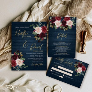 Whimsical Autumn Wedding Suite with Burgundy Accents Rustic, Minimalist Elopement, Marriage Invitation, Luxury Wedding, Fall Wedding Invite