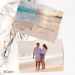 May include: Two wedding announcement cards. The top card shows a beach scene with the text "SAVE THE DATE" and the names "Stephanie & William". The bottom card shows a couple standing on a beach. The cards are on a white background.