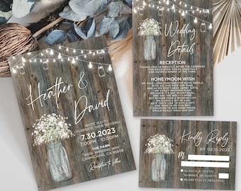 Rustic Country Wedding Invitation Set Fairy Lights Mason Jar Southern Style Barn Yard Farm Rustic Wood White Floral with Monogram Initials