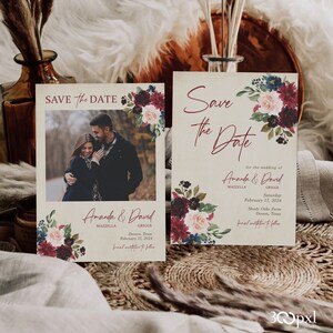 Vintage-style fall save the date with a parchment paper background and elegant burgundy, blush, and navy floral designs.