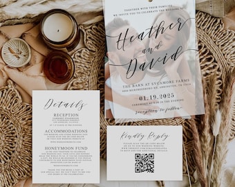 Minimalist Vellum Wedding Invitation, Photo Backer Design, Elegant Modern Wedding Invite Set