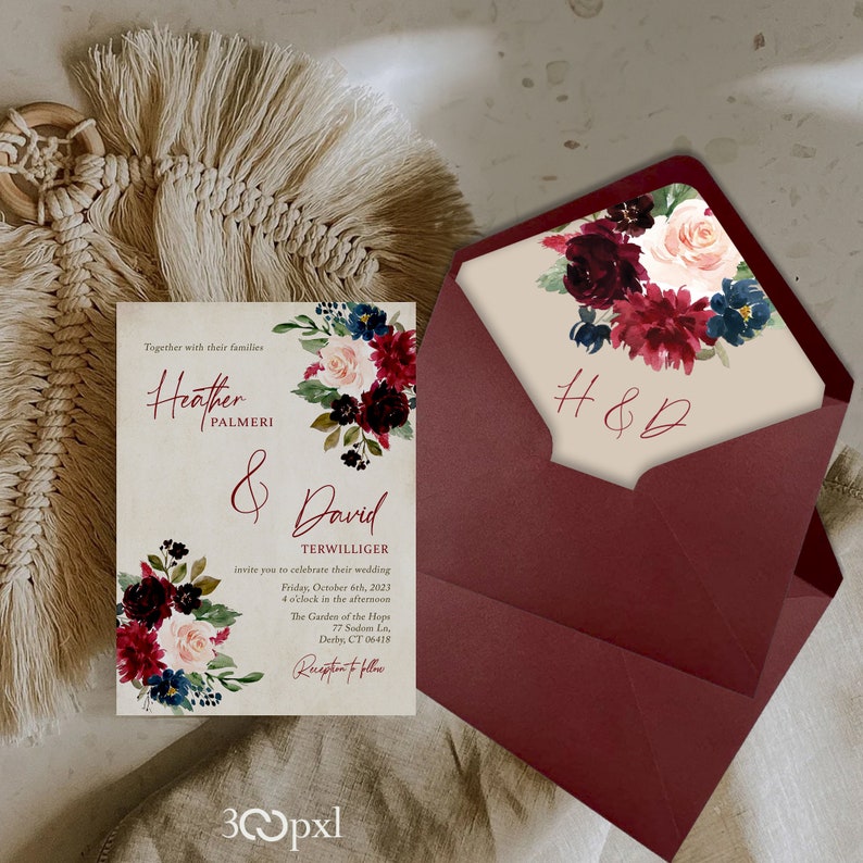 Vintage-style fall wedding invitation with burgundy envelopes and matching liner