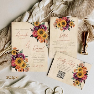 Fall Wedding Invitation Set, Rustic Vintage Floral Suite with Sunflowers, invitation wedding, Printable wedding, Downloadable wedding Card