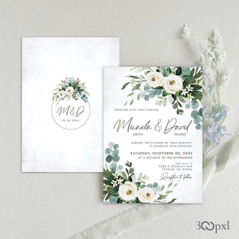 Eucalyptus Champagne Roses Greenery Wedding Invitation with matching backside