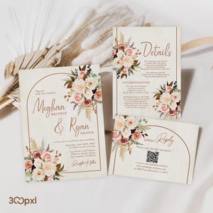 Terracotta Boho Wedding Invitation, Fall Wedding Invite, Wedding Template, Wedding RSVP, Minimalist Floral Invitation, Luxury Wedding Card
