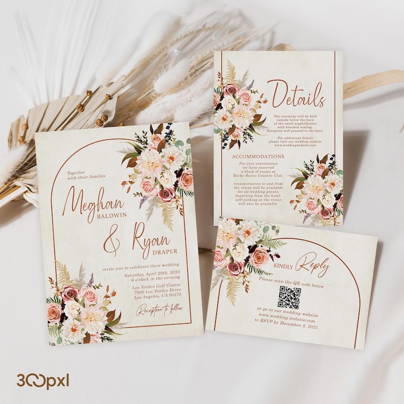 A terracotta boho wedding invitation featuring a modern arch design, pampas grass, burnt orange and blush florals, and minimalist typography. Perfect for fall, rustic, and earth-tone weddings.
