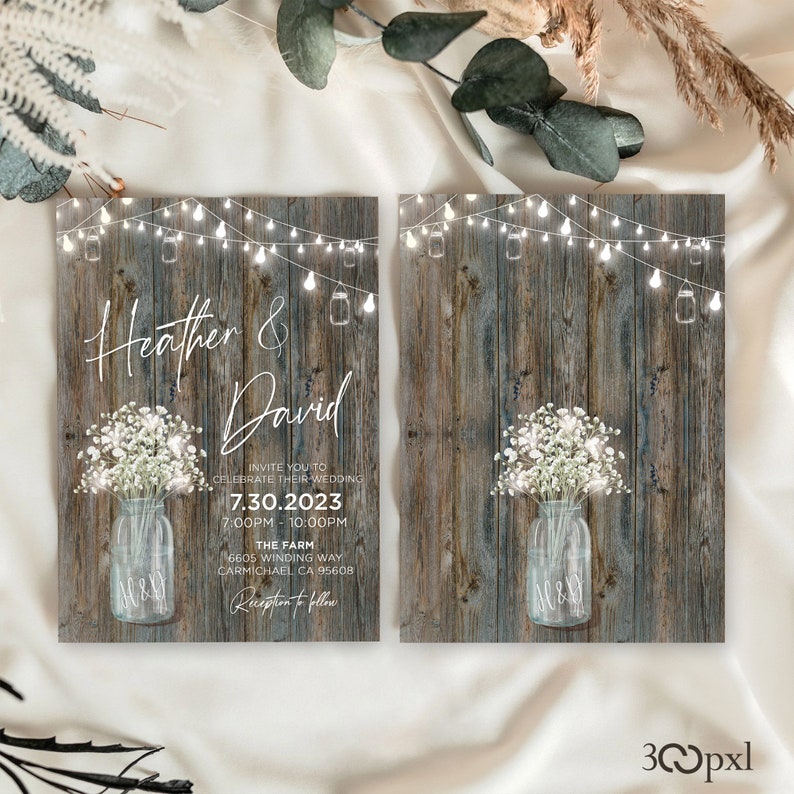 A rustic wedding invitation with matching backside