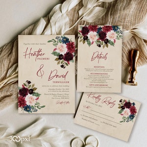 Burgundy Blush Navy Floral Fall Wedding Invitation Set, Elegant Rustic Autumn Invite, Personalized Wedding Invite, Invitation Set Template