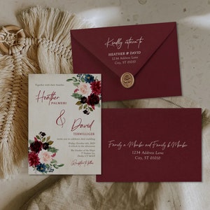 Vintage-style fall wedding invitation with burgundy envelopes, wax seal and address printing